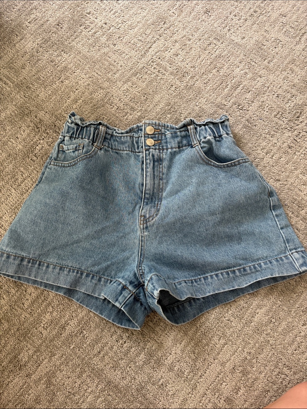 High-Rise Elastic Paperbag Denim Shorts - Light Blue